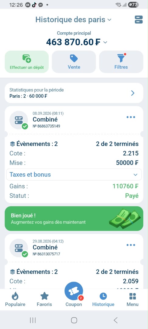 Ticket combiné payé